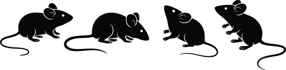 Vector illustration of mice silhouettes, rodent animal design, black mouse outline, wildlife concept, pest control graphic, cartoon rat shape, editable artwork