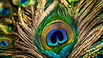 Fototapeta premium Vibrant Close-Up of Iridescent Peacock Feathers with a Central Eye Pattern