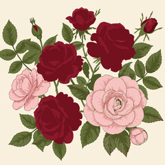 Vintage floral bouquet of red and pink roses in detailed line art style. Intricate design with lush leaves and buds displayed against a neutral background.
