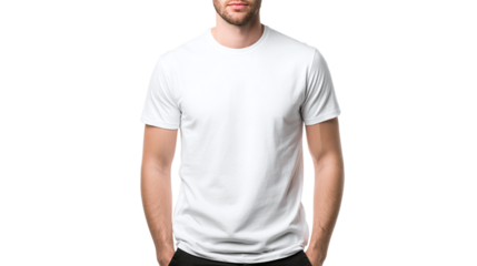 Male model wearing customizable blank t-shirt front view mockup isolated on transparent background