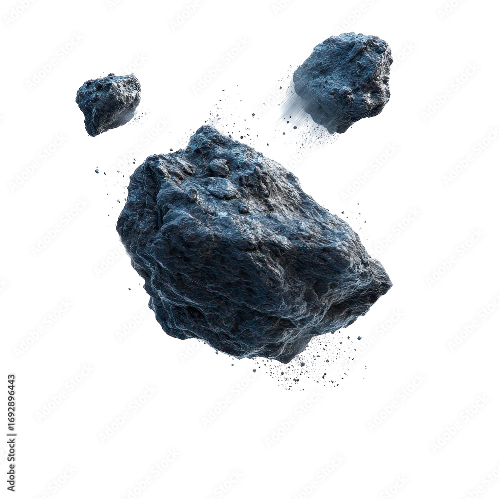 Poster floating rocks suspended in the air create an intriguing visual contrast against a white background 