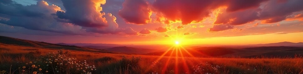 Fototapeta premium Golden hour paints the sky with vibrant hues as the sun dips below the horizon, casting long shadows across a serene landscape A breathtaking display of nature's artistry , clouds, dusk, awesome