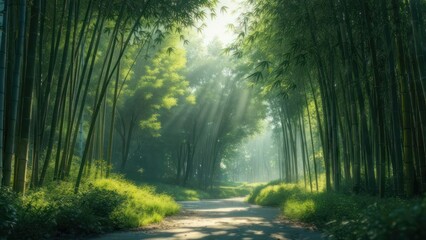 Sunlit bamboo forest path (2)