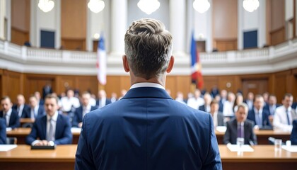 A man in a blue suit addresses a large group inside a courtroom. The view is from behind him, highlighting his back as he speaks. Other individuals sit in the seats