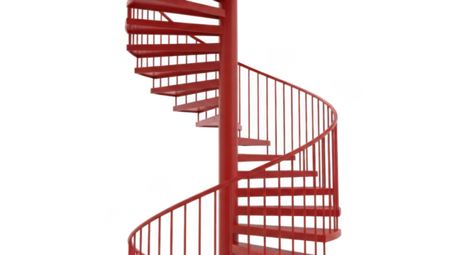 Red spiral staircase ascending into darkness architectural design element