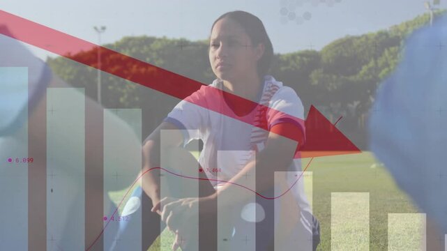 Female athlete hugging knees absorbing sports training feedback while chart and red arrow fading in