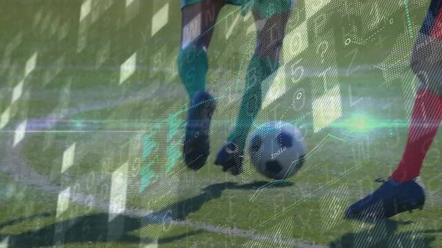 Green-kit soccer player initiating dribble aiming at outplaying defender with pulsing analytics