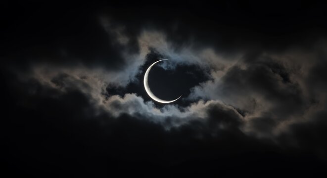 Crescent moon through clouds