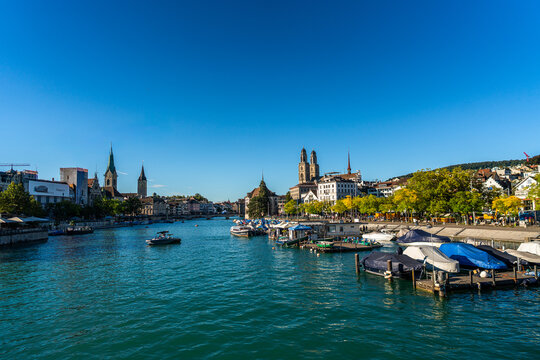 View of Zurich from the water on a sunny day