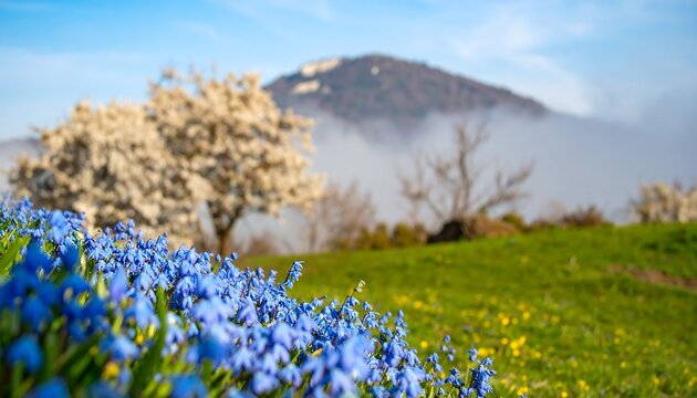 Spring blossoms carpet a hillside meadow, with a mountain backdrop shrouded in mist