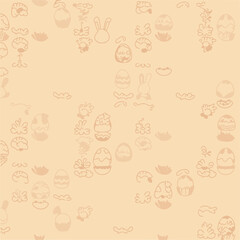 Easter bunny and egg seamless pattern design in light peach background. Cute cartoon bunnies and eggs in various poses and locations, forming a repeating pattern.