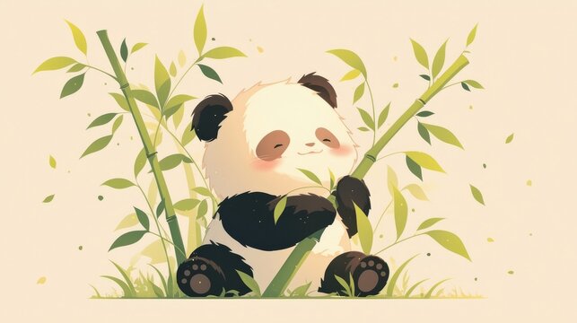 A cute cartoon panda sits peacefully among green bamboo leaves,