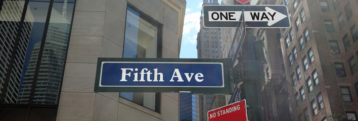 Obraz premium Fifth Avenue street sign, famous luxury and business street and one way arrow in NYC