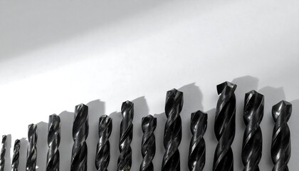 Black drill bits arranged in a row against a white background