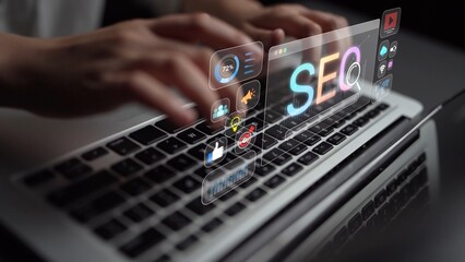 SEO concept for improving SEO visibility, with SEO related digital tools and SEO performance icons shown in an focused layout for strategic marketing. Muxer