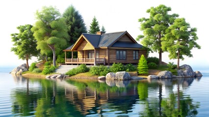 Obraz premium Rustic wooden cabin on a small island surrounded by water.