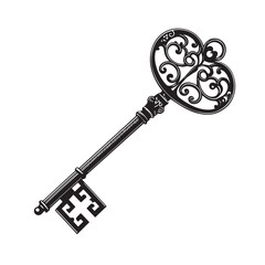 Obraz premium Ornate key silhouette isolated on white background, a symbol of access, mystery, and unlocking potential in a vintage style