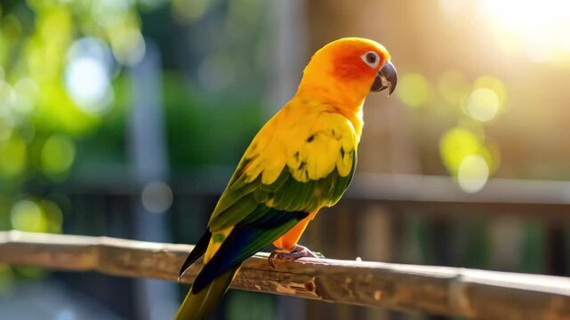 Macro footage of a Colorful Sun Conure Parrot (Sun Parakeet) Walking on Wooden Branch