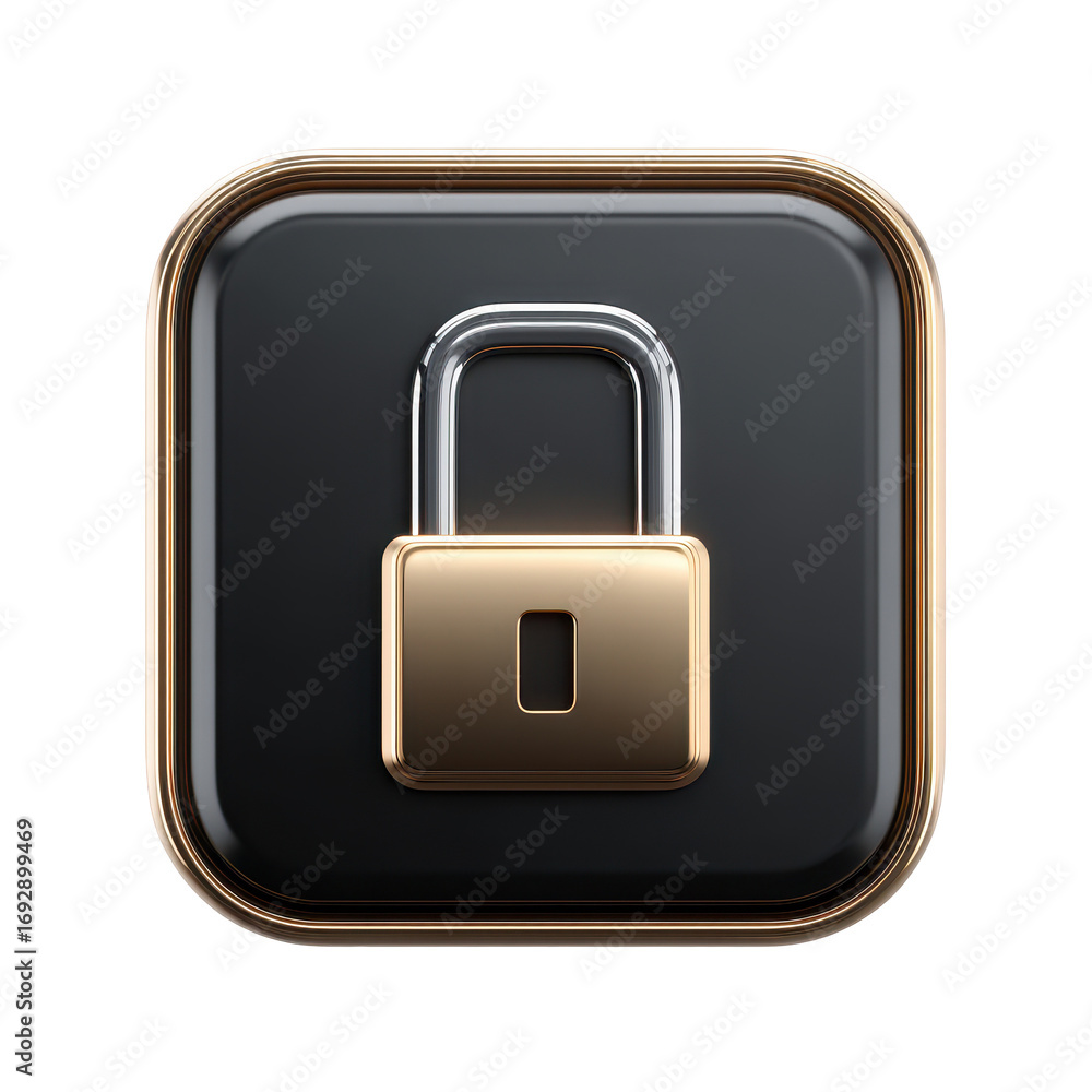 Poster secure lock icon on a dark glossy surface representing safety and protection in digital environments