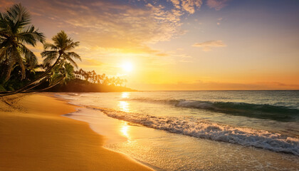 Serene Tropical Beach Sunrise Or Sunset With Golden Skies Palm Trees And Gentle Waves