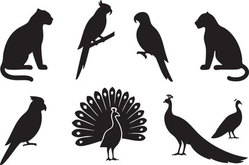 Fototapeta premium Wild animal silhouette icon set black vector illustration featuring big cats parrots peacocks nature concept design