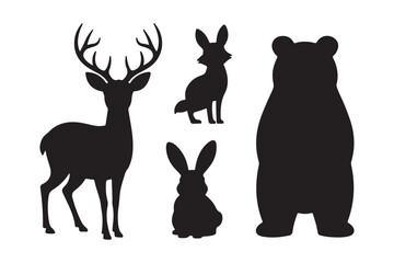 Silhouette collection of forest animals including deer bear and rabbits