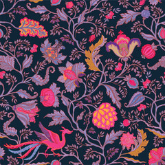Floral vintage seamless pattern in Jacobean style for retro wallpapers. Enchanted Vintage Flowers. Chintz inspired. Design for wrapping paper, wallpaper, fabrics and fashion clothes.