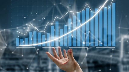 A captivating depiction of business growth, showcasing a hand reaching towards a rising graph...
