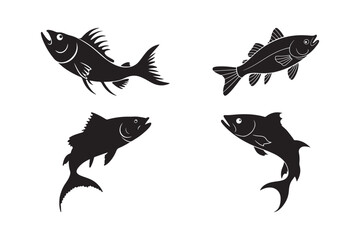 Four black silhouette fish illustrations in dynamic poses