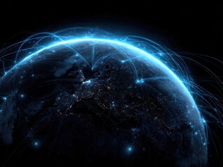 A glowing Earth, crisscrossed by luminous networks, highlighting Europe
