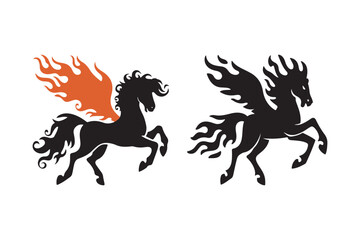 Two stylized silhouette pegasus horses one with fiery wings