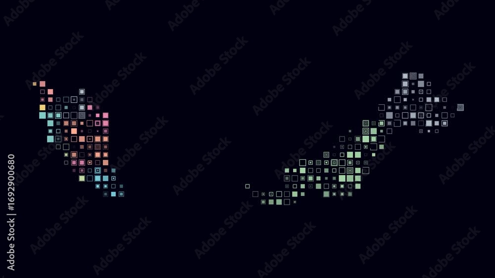 Poster malaysia map animation. shape of the country with pulsating colored dots. small size square blocks. 