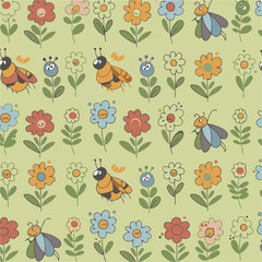 Cute cartoon flowers and insects pattern in pastel colors. Repeating design with whimsical flowers and insects, in a light green garden background.