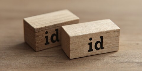 Two wooden blocks, each with the word "id" printed on them, resting on a wooden surface