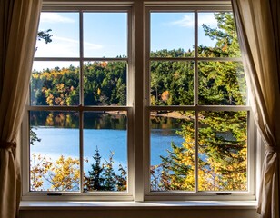 Fall colors reflected in a lake view window
