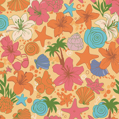 Colorful floral and seashell summer pattern on a sandy background. A repeating design of tropical flowers, seashells, starfish, and palm trees.