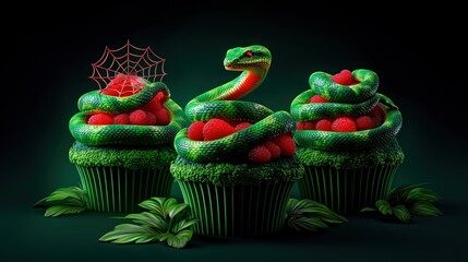 Enchanted forest cupcakes with green snakes and bright red berries
