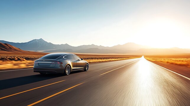Car driving on an empty desert highway with mountains in the distance under a clear sky