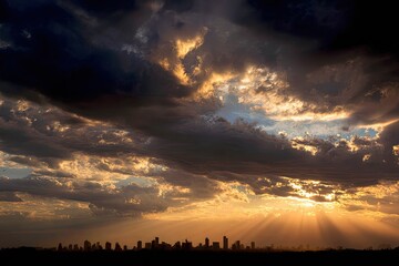 Dramatic sunset over a city, dramatic clouds
