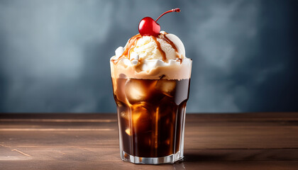 Classic Root Beer Float With Ice Cream And Cherry On Top