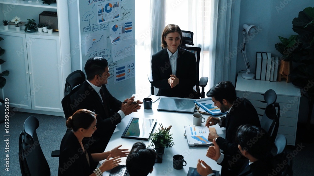 Poster top view of professional executive manager show increasing sales chart to diverse team while group o