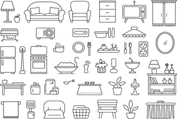 Black-and-white household items illustration featuring furniture, kitchenware, decor, electronics, and bathroom essentials for interior design and education