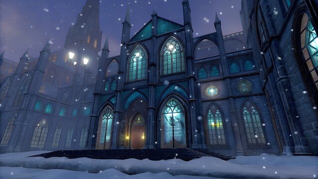majestic gothic cathedral in snowy night scene