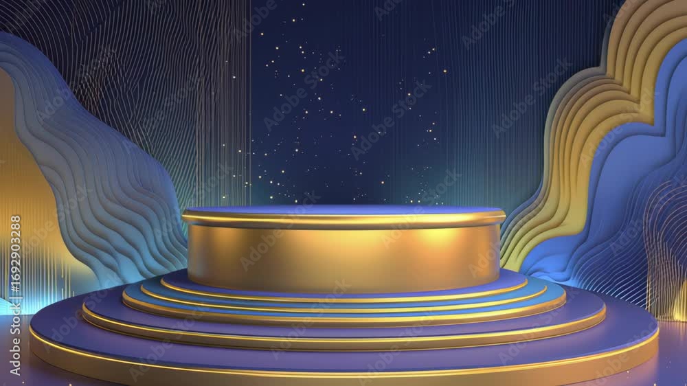 Poster gold and blue abstract round podium with glowing particles and wavy patterns for product display or 