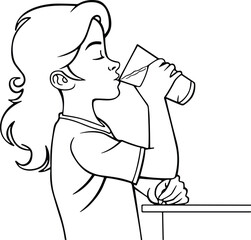 Girl drinking water from glass, side view line art illustration, healthy lifestyle concept, cad drawing flat vector illustration, isolated on white background
