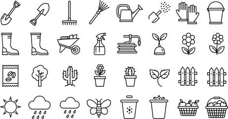 Gardening icon set, black and white, tools, plants, flowers, weather, nature, bee, tree, vector, isolated, outdoor bundle