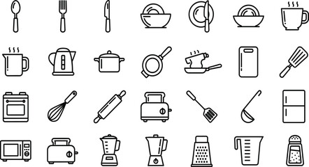 Fototapeta premium Kitchen icon set, black and white, utensils, cookware, appliances, food prep, blender, kettle, vector, isolated, culinary bundle