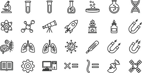 Science icon set, black and white, microscope, DNA, rocket, magnet, virus, computer, telescope, vector, isolated, bundle