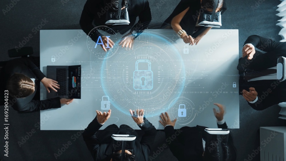Poster a business team actively participates in a virtual reality meeting focused on enhancing cybersecurit