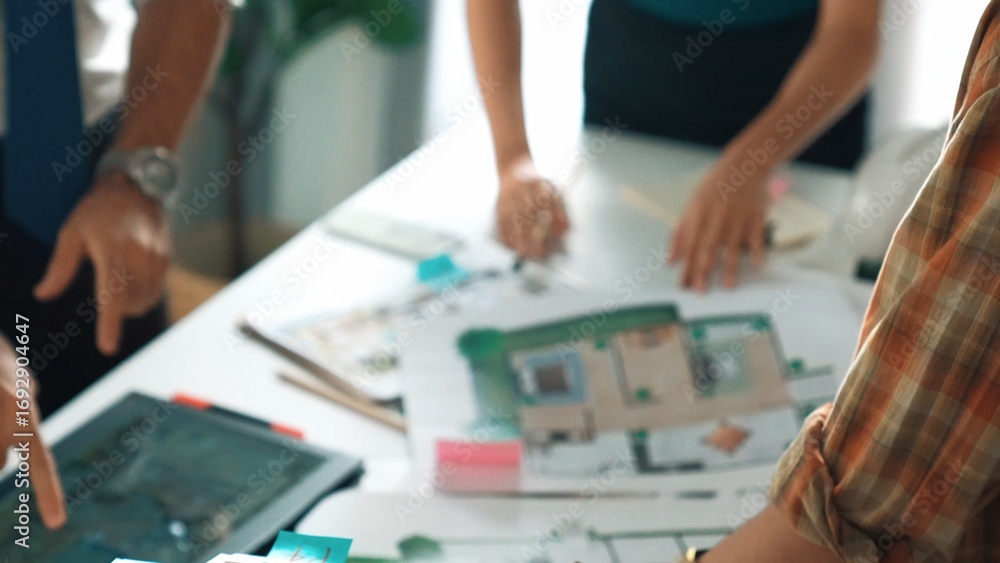 Aufkleber close up of smart business team hand working together to plan design while looking at project plan f